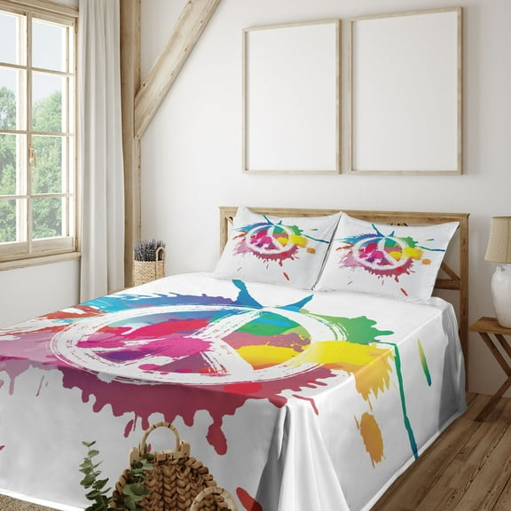 Ambesonne Colorful Fitted & Top Sheet Set with Shams, Grunge Pacifism Theme, Multicolor