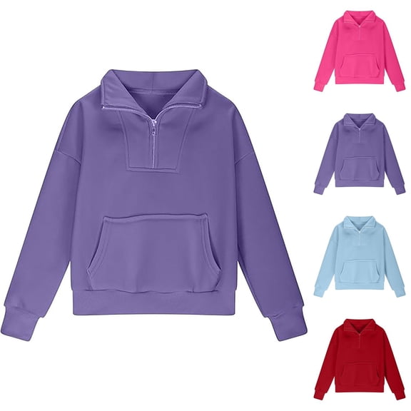 Kids Half Zip Sweatshirt Long Sleeve Fall Winter Stand Collared Plain Pullover Top with Pocket Thumb Hole for Boy Girl