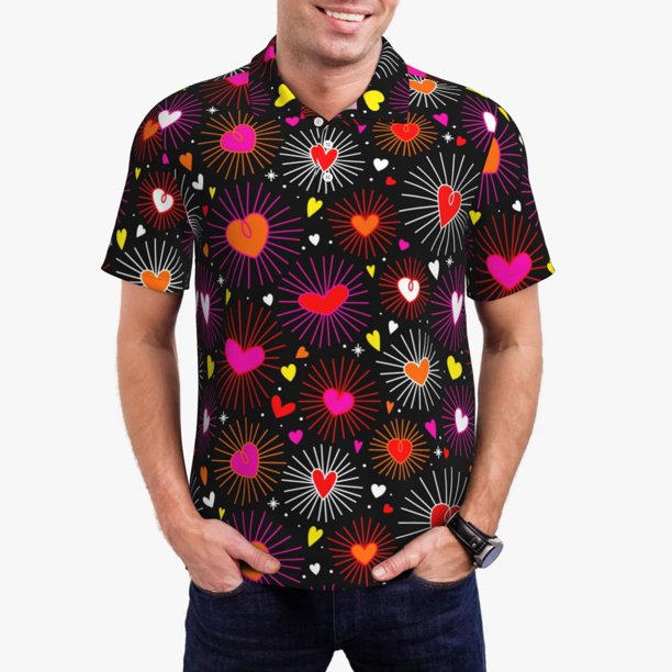 Balery Geometric Hearts Camisa Polo de Hombre con Estampado, de Manga Corta y Tejido Medio, Camisa Tipo Golf Polo-3X-Large