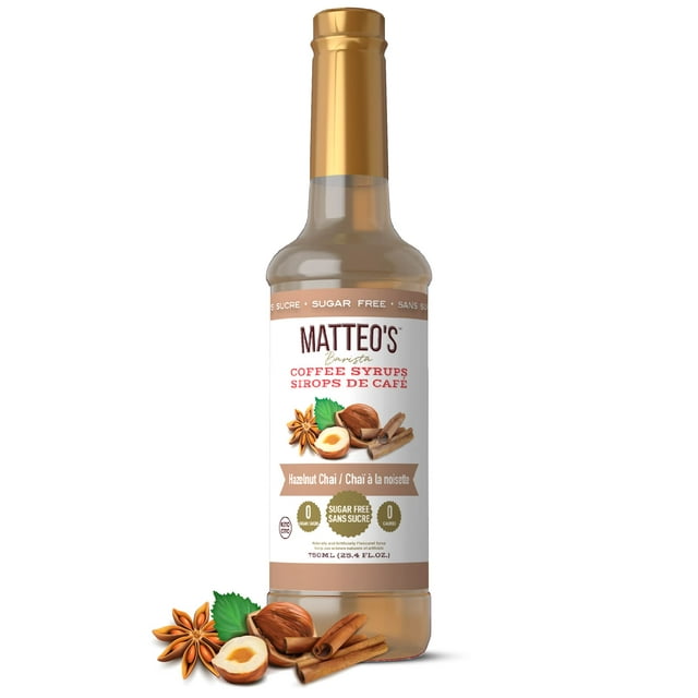 Matteo's Sugar Free Coffee Syrup, Hazelnut Chai, 750mL, 0 Calories, 0 Sugar, (Single Bottle)