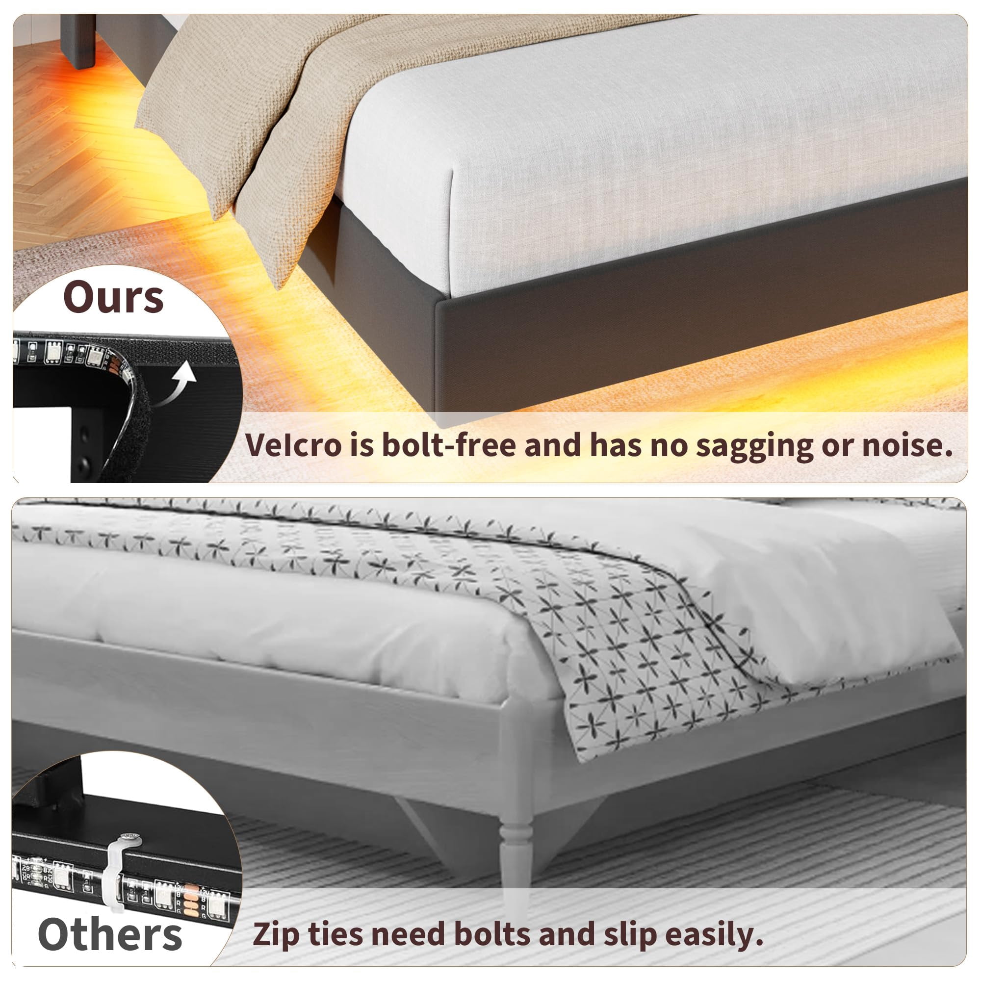 Huisuilinss Floating Bed Frame Full,Queen Size Upholstered Platform Bed With LED Lights & Charging Station,Storage Headboard & Folding Shelves Storage,Metal Slats Support,No Box Spring Needed