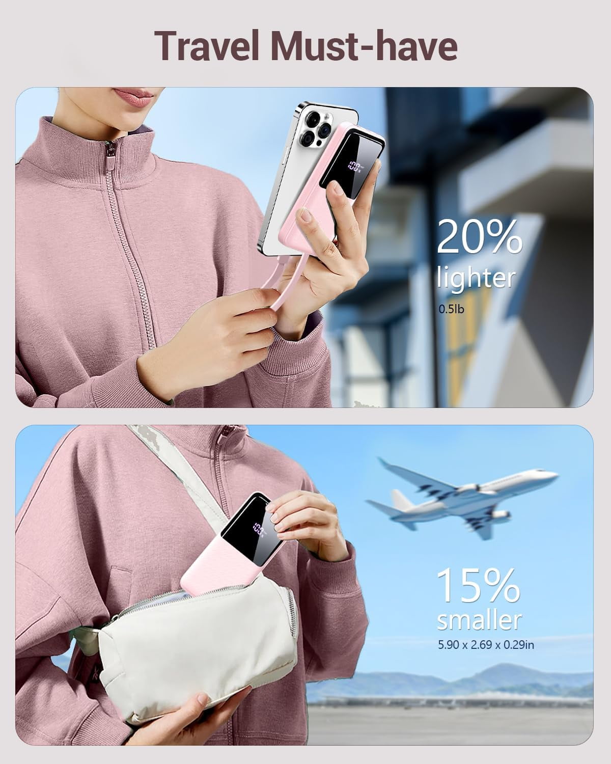 Portable Charger Power Bank - 20000mAh Fast Charging Portable Battery Pack with Built in USB-C(22.5W) and iOS(20W) Output Cables Compatible for iPhone Android Samsung Phone, Pink