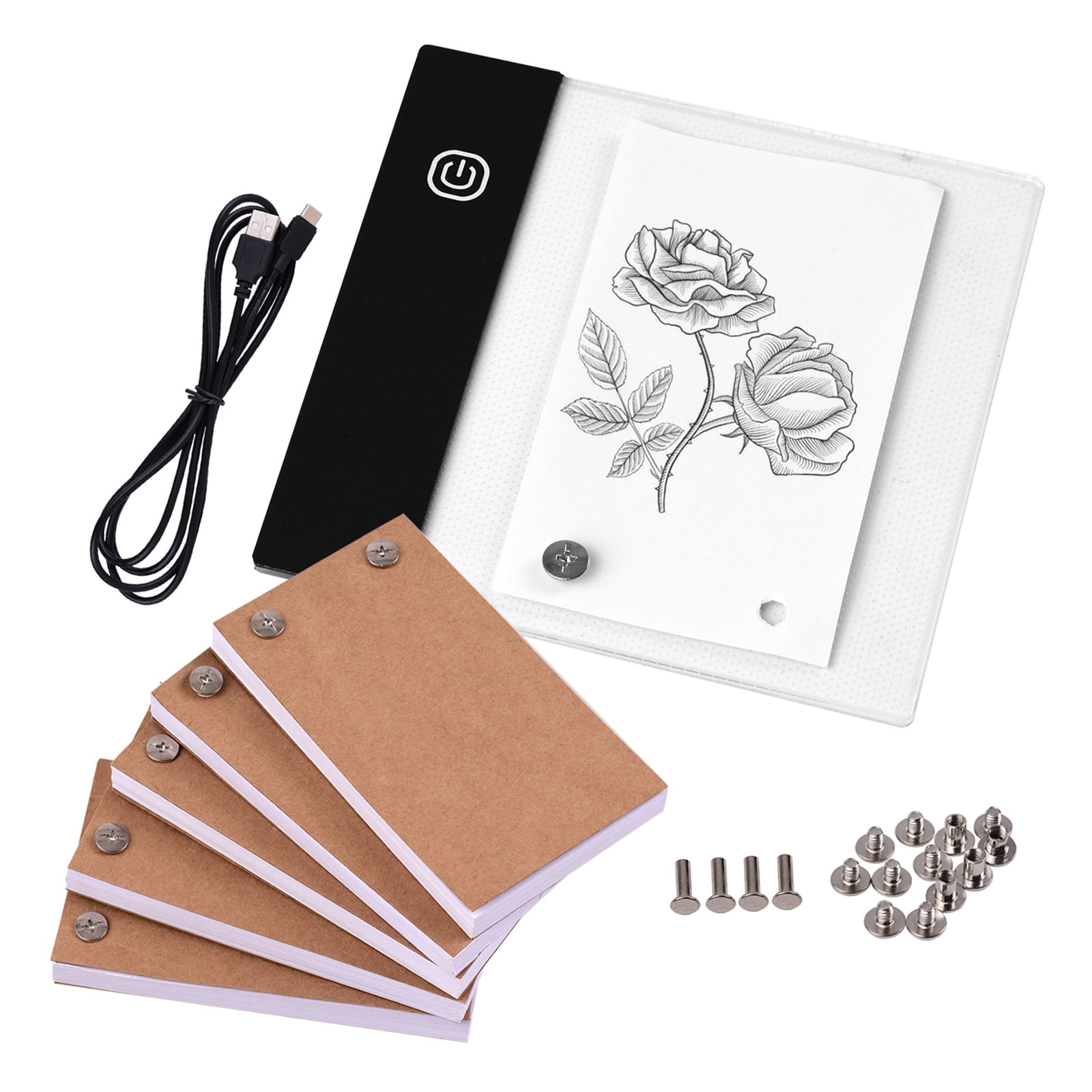 Htovila Flip Book Kit with Mini Light Pad LED Lightbox Tablet Design with Hole 300 Sheets Flipbook Paper Binding Screws for Drawing Tracing Animation