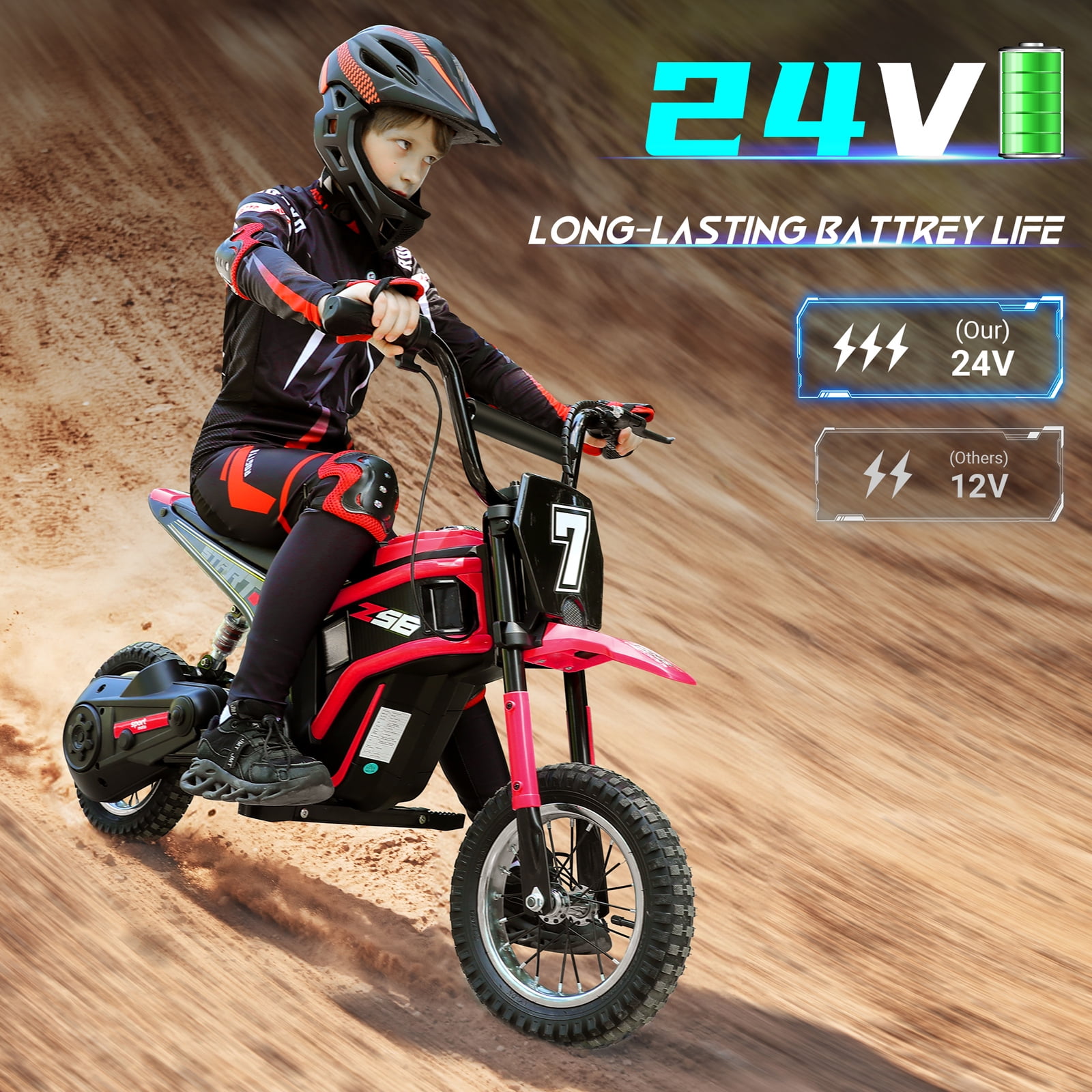 24V Dirt Bike,Neche 250W Electric Powered Motorcycle,Ride on Dirt Rocket with Shock Absorption Suspension for Kids Age 13+,Red