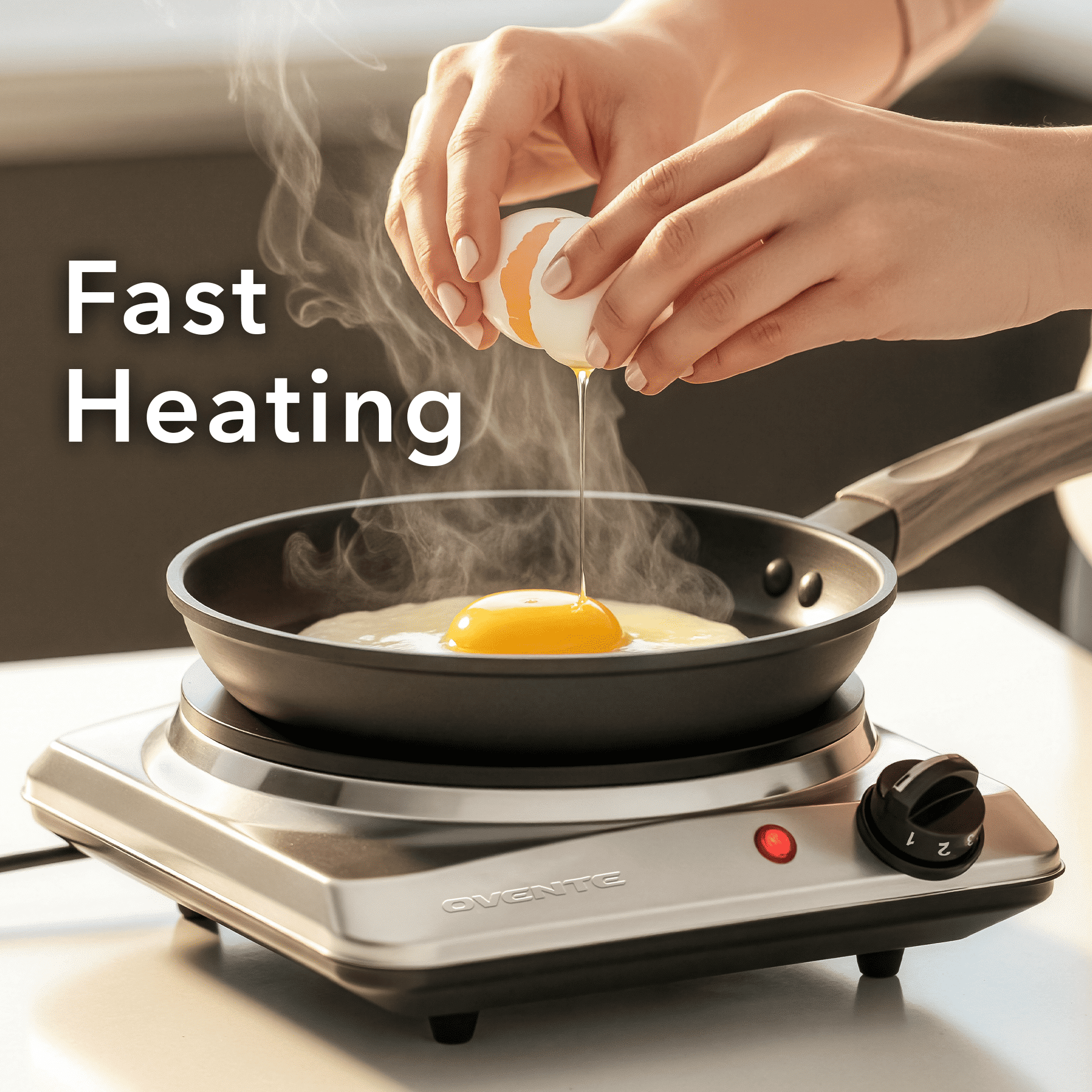 OVENTE Electric Countertop Single Burner, 1000W Cooktop with 7.25 Inch Cast Iron Hot Plate, 5 Level Temperature Control, Compact Cooking Stove and Easy to Clean Stainless Steel Base, Silver BGS101S