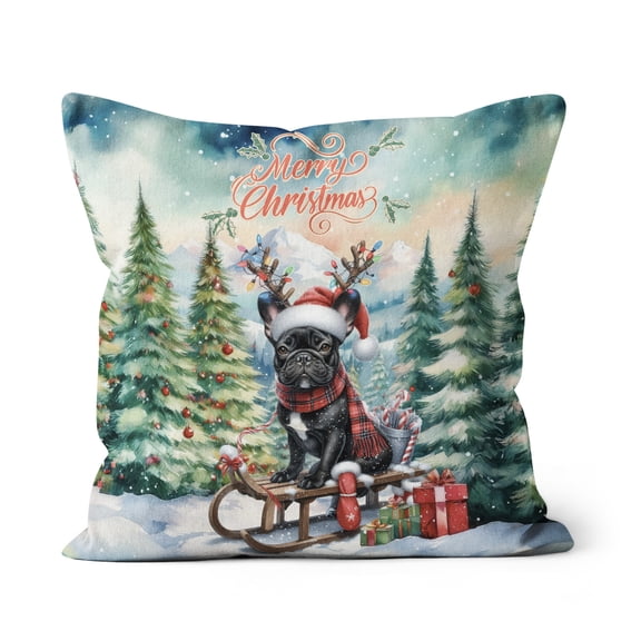 Merry Christmas Santa Reindeer Antlers French Bulldog Sleigh Xmas Winter Holiday Pillow Cushion Double Sided Dog Lover Gifts Throw Pillow - 00023
