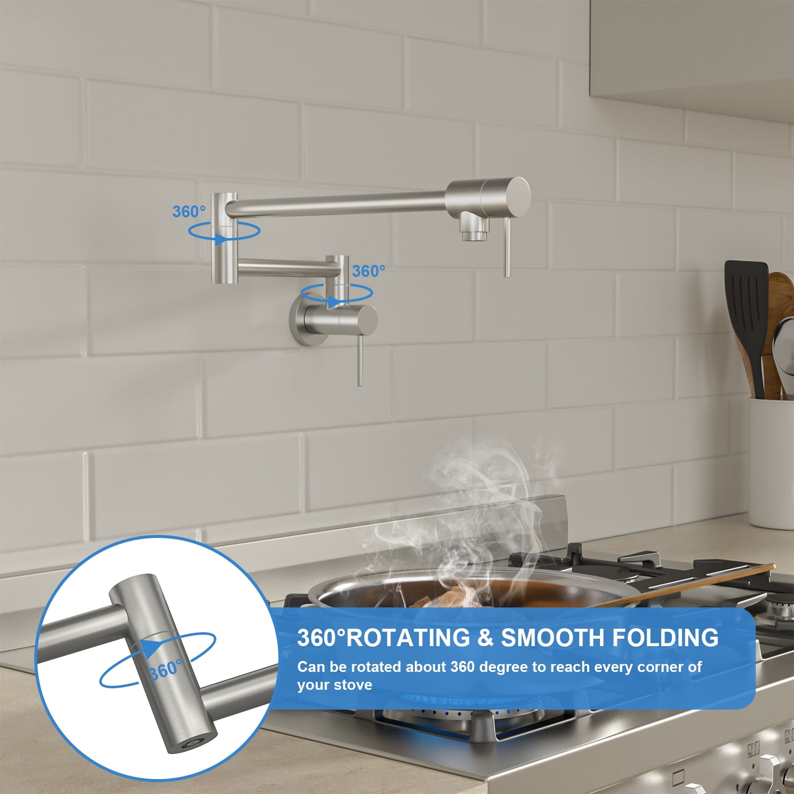 Pot Filler Faucet Wall Mount Brushed, 20" L Stainless Steel Folding Kitchen Faucet with Double Joint Swing Arm, Commercial Pot Filler with 360° Swivel Spout & ABS Aerator
