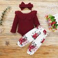 thumbnail image 2 of 3 Pack Baby Clothes Set 3-24 Months Infant Toddler Girls Ribbed Ruffle Romper Floral Print Long Pants Headband Outfits Sets,Wine Red,12-18 Months, 2 of 6