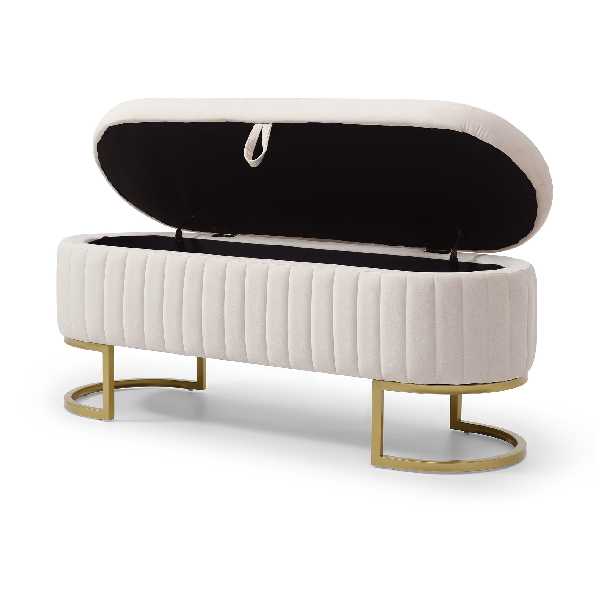 Miniyam Storage Bench Bedroom Bench, Velvet Oval Upholstered End of Bed Bench with Golden Metal Legs,Modern Storage Ottoman Bench,Beige