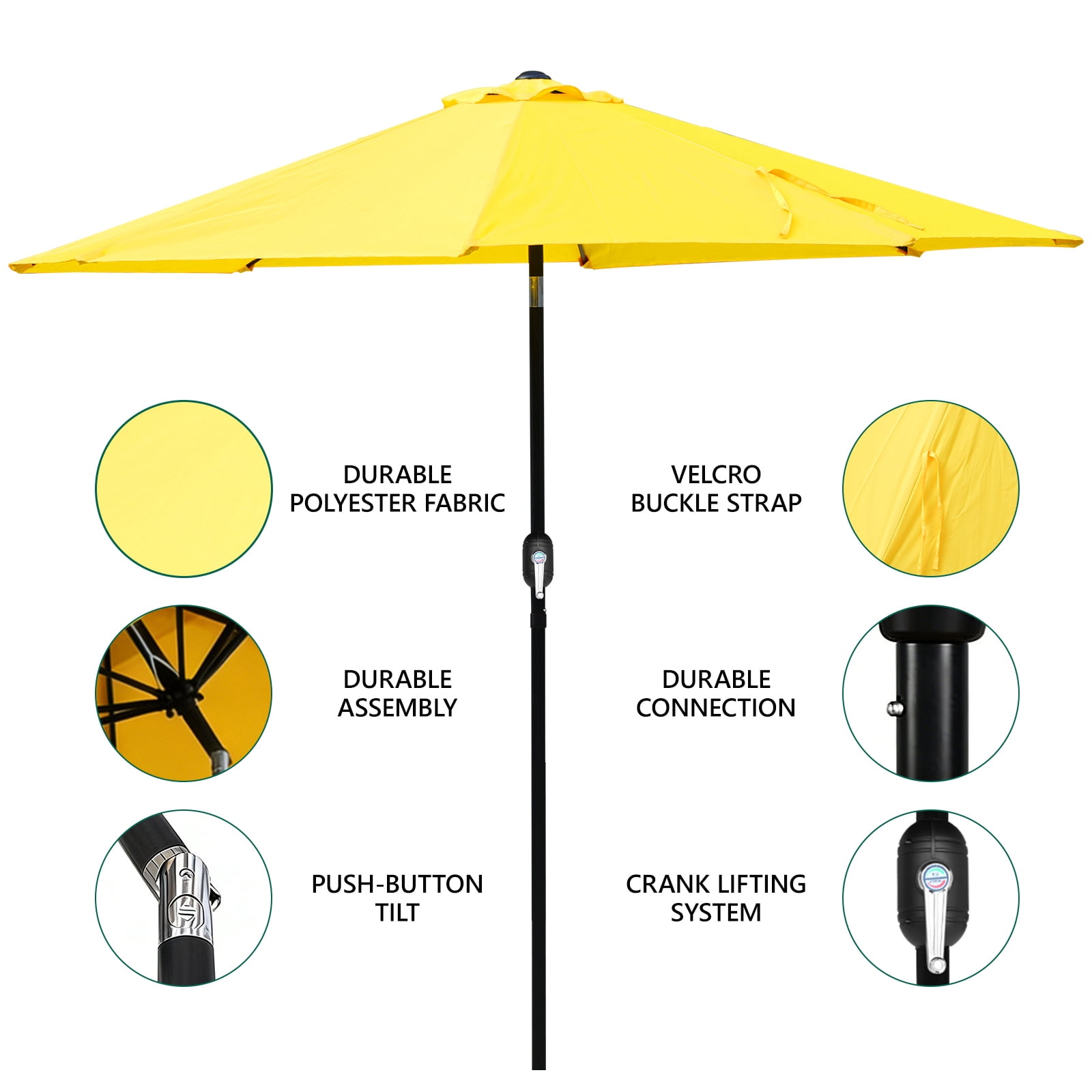 HaiCube 9FT Patio Umbrella -Acrylic Fabric, 10-Year Fade-Resistant, 1.5" Heavy Duty Steel Pole, 8 Ribs, Push Button Tilt & Crank, UV Block for Garden Deck Pool, Yellow