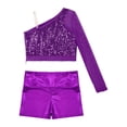 thumbnail image 4 of YONGHS Girls Jazz Hip Hop Dance Outfits Sequins One Shoulder Crop Top with Shorts Set Purple 16, 4 of 7