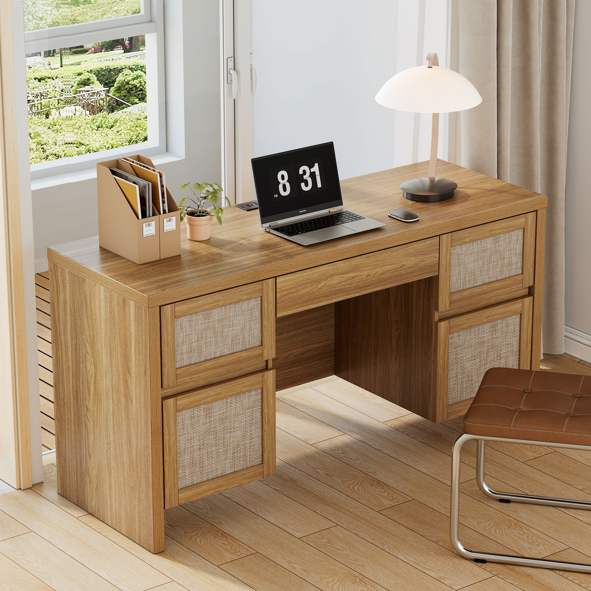 Brafab Home Office Desk with Charging Station, 5-Drawer Executive Desk with Rattan Front, Modern Farmhouse Computer Writing Desk, Built-in USB/Type-C Ports & Outlets