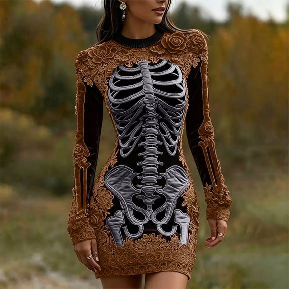 Costeam Womens Halloween Skeleton Print Bodycon Mini Dress Crew Neck Long Sleeve Floral Lace Detail Gothic Slim Fit Party Club Short Costume Dresses