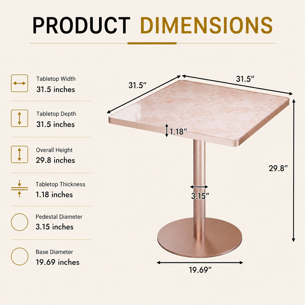 Aukfa 31.5" Square Dining Table for 2-4, Marble-Look Sintered Stone Top, Rose Gold Pedestal Base, Small Spaces,Blush Pink