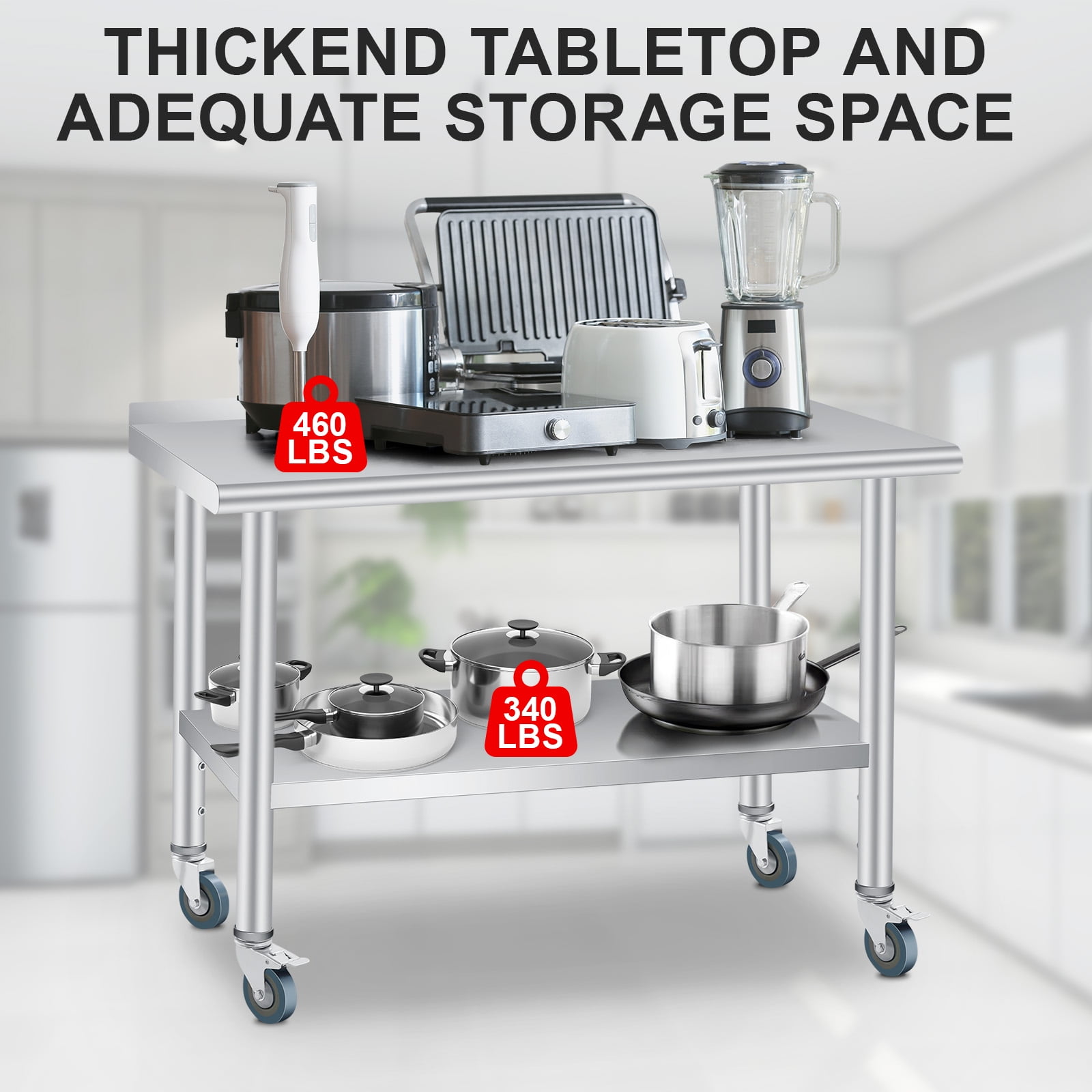 Gaderth Kitchen Prep Table, Prep Table With Storage, Heavy Duty Stainless Steel Kitchen Work Table With Backsplash And 4 Caster Wheels, Kitchen Utility Table, Metal Prep Table For Restaurant, Home