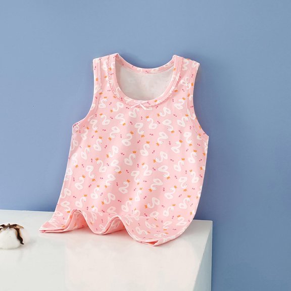 Crunowin Girls Summer Tank Tops, Lightweight Cotton Base Layer Swan Print Round Neck Everyday Layering Style Casual Kids Vest Size 3T Pink