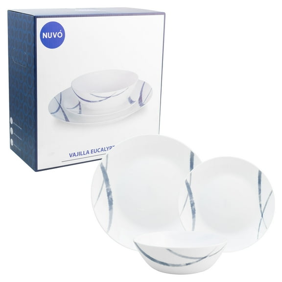 Vajilla Nuvo de Vidrio Opal de 12 Piezas para 4 Personas, Linea Azul Minimalista
