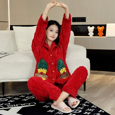 

PIKADINGNIS Womens Fleece Warm Pajamas Set Long Sleeve Sleepwear Pajama Pants 2 Piece Outfits Soft Button Down Loungewear Pjs Set Nightwear