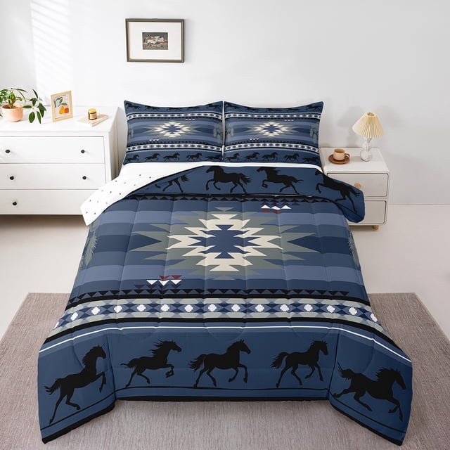 Erosebridal Blue Aztec Bedding Twin Comforter Set,Boho Horse Down Comforter,Geometric Triangle Decor,Reversible,Lightweight,2pcs