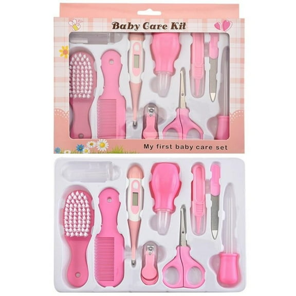 Trianu Baby Healthcare and Grooming Kit 10 in 1 Portable Baby Safety Care Set, Hair Brush Comb Nail Clipper Nasal Aspirator Set for Nursery Newborn Infant Girls Boys Keep Clean, Pink