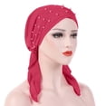thumbnail image 2 of Beaded Stretch Turban Hat for Women - Elegant Indian Style Muslim Hijab Cap with Pearl Embellishments, Soft Breathable Double-Layer Head Wrap, Casual Sport & Religious Headscarf Hot Pink, 2 of 3