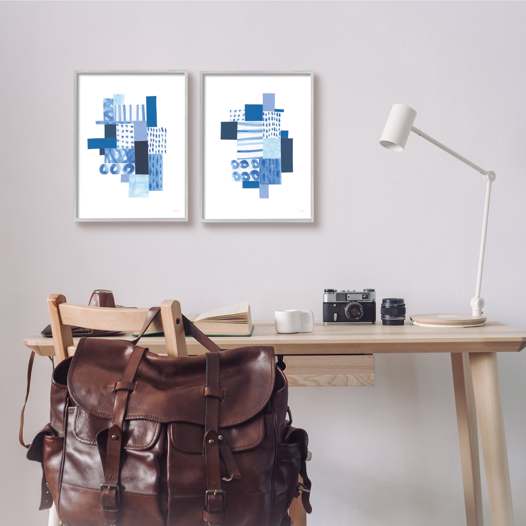 Stupell Industries Blue Patchwork Patterns Abstract Geometric Squares Grey Framed, 11 x 14, Design by Courtney Prahl