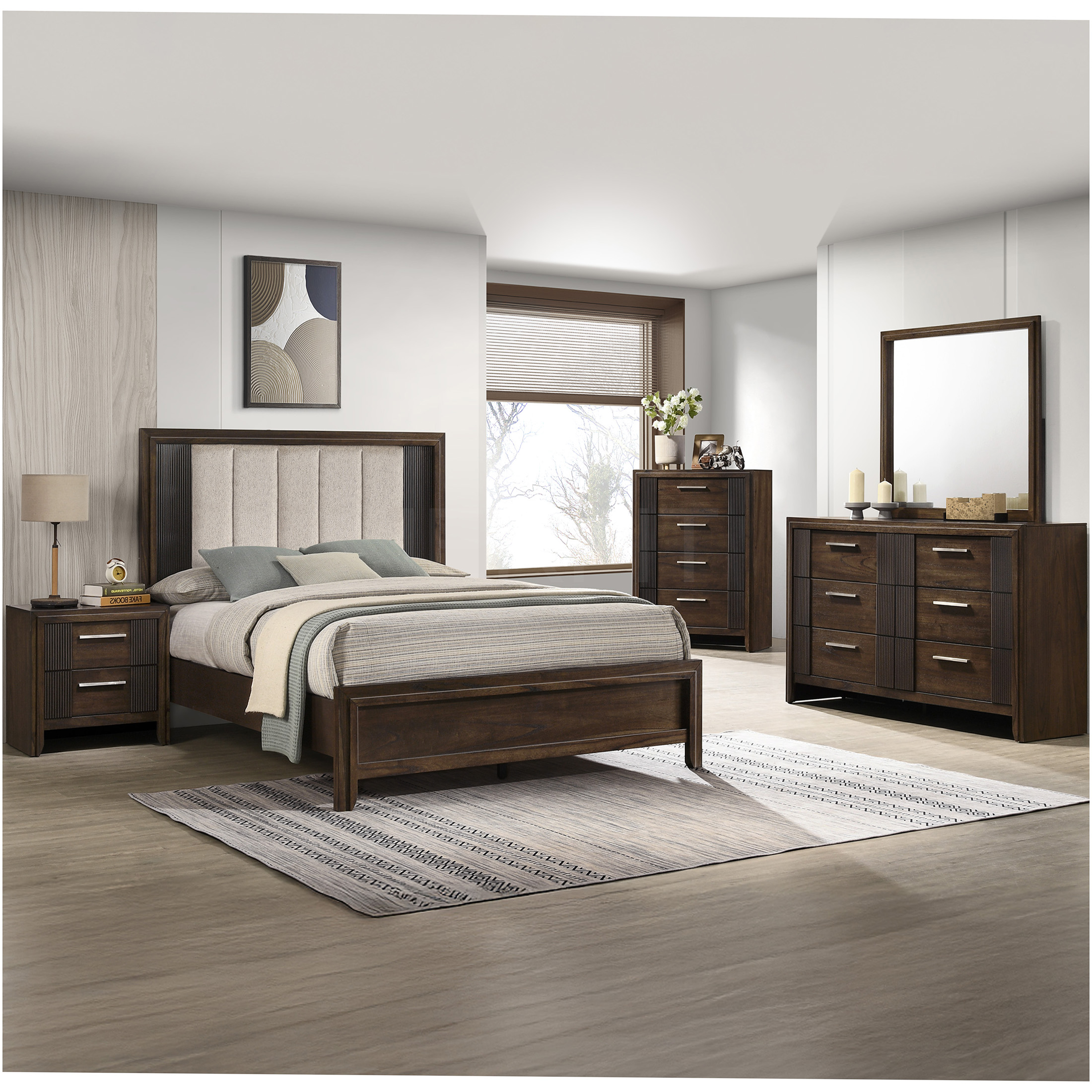 JERFIT King Size Upholstered Bed Frame with Headboard, Rustic Brown Wood Panel Platform Bed, No Box Spring Needed, Modern Farmhouse Bedroom Furniture