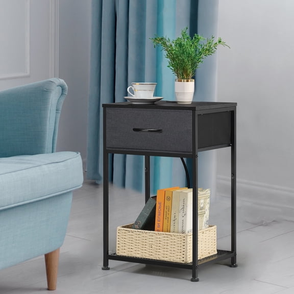 Nightstand with Charging Station & Fabric Drawer, Black Bedside Table with USB Ports, AC Outlets, and Open Shelf for Small Spaces, Bedroom, Living Room