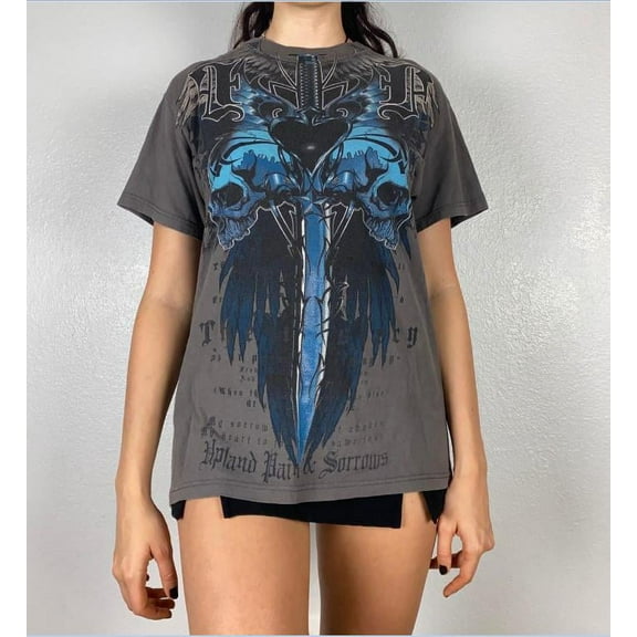 Michellecmm Women's Summer Short Sleeve Crewneck Skull Print Loose Gothic Tops