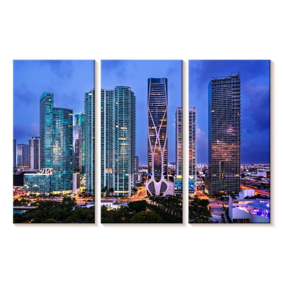 Elephant Stock Miami Downtown Skyline Aerial Wall Art - Horizontal Multi Panel Canvas - Living Room Wall Decor - City Multi Panel - Blue And Purple Decor By Susanne Kremer - 23" x 14"