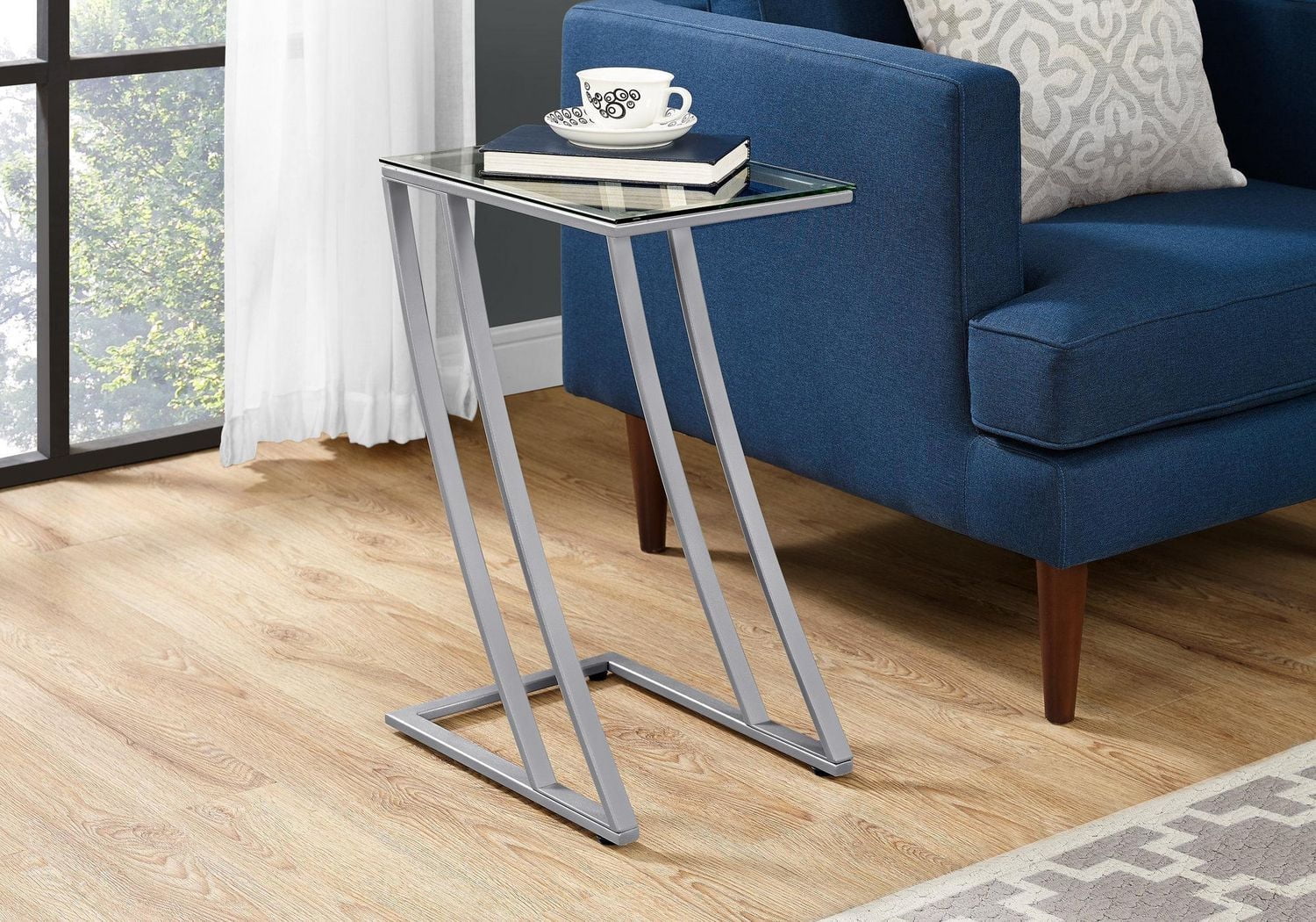 Monarch Specialties Accent Table, C-shaped, End, Side, Snack, Living Room, Bedroom, Metal, Tempered Glass, Grey, Clear, Contemporary, Modern