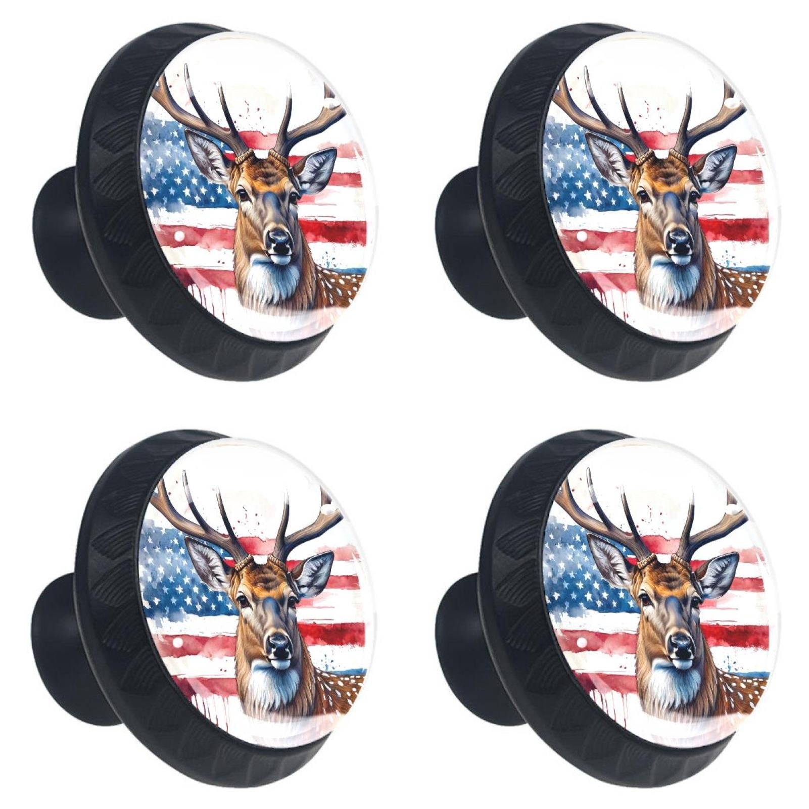 4 Pcs Deer and American Flag Knobs for Kitchen Cabinet Cupboard Dresser Bookcase Drawer Pulls Handles Round Home Decor