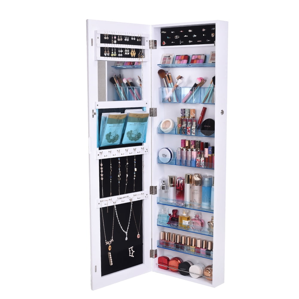 Kepooman 8-Layer Wall Mounted Acrylic Storage Mirror Cabinet, Modern Lockable Jewelry Armoire for Earrings Necklaces, White Kepooman 8-Layer Wall Mounted Acrylic Storage Mirror Cabinet, Modern Lockable Jewelry Armoire for Earrings Necklaces, White