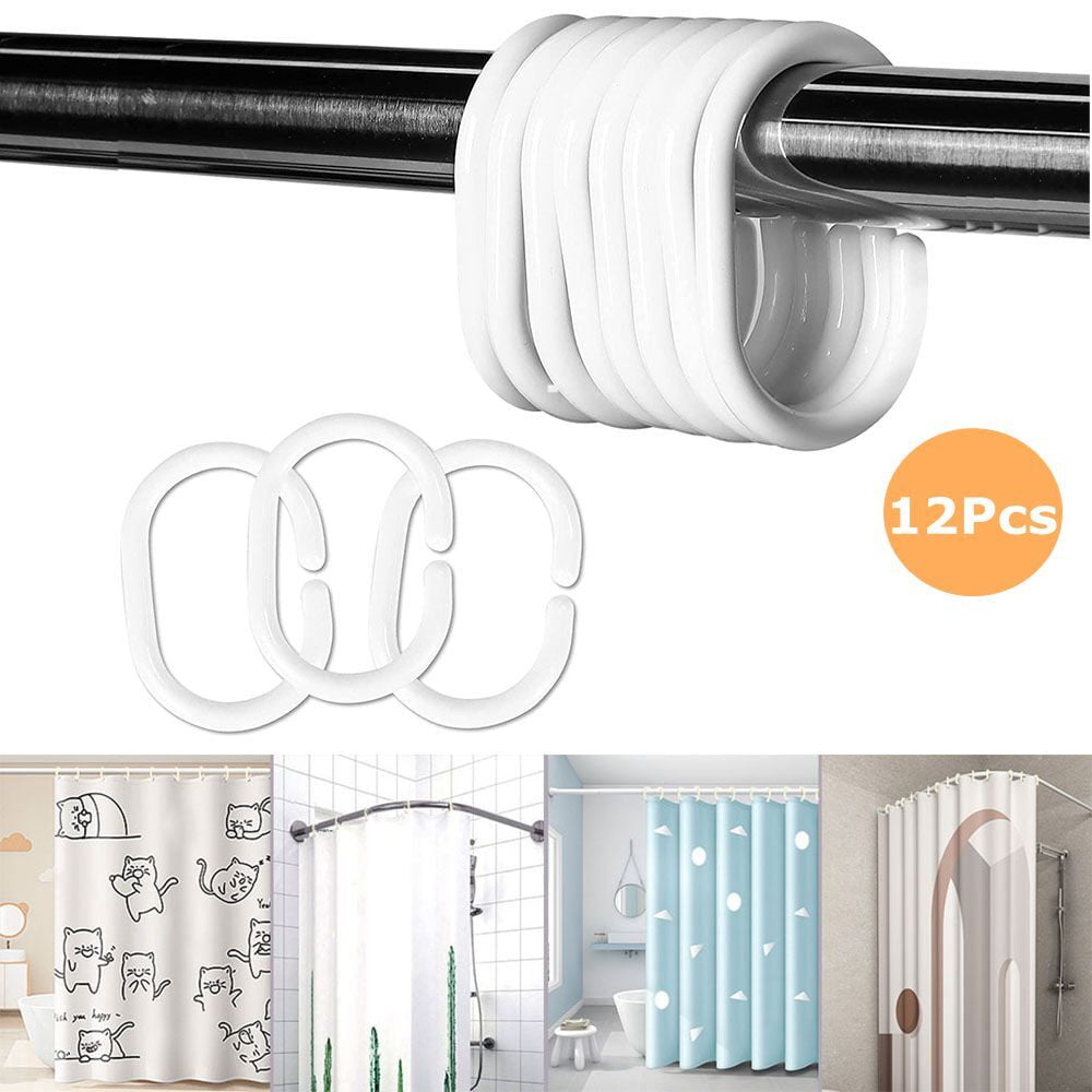 12 PCS Plastic Shower Curtain Hooks, White, C Shape Rings for Bathroom