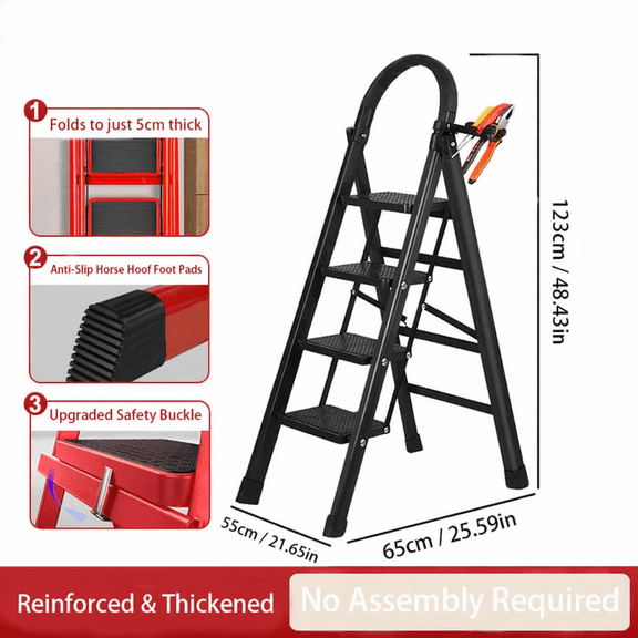 Heavy-duty 4-step folding ladder, 500-pound high-load capacity telescopic portable foldable ladder withsafety handrails, anti-tip stool-style design, sturdy and durable, suitable for home use, in