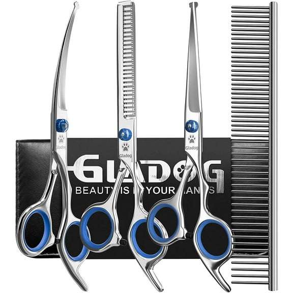 Professional 5 in 1 Dog Grooming Scissors Set with Safety Round Tips, Sharp and Heavy-duty Pet Grooming Shears for Cats