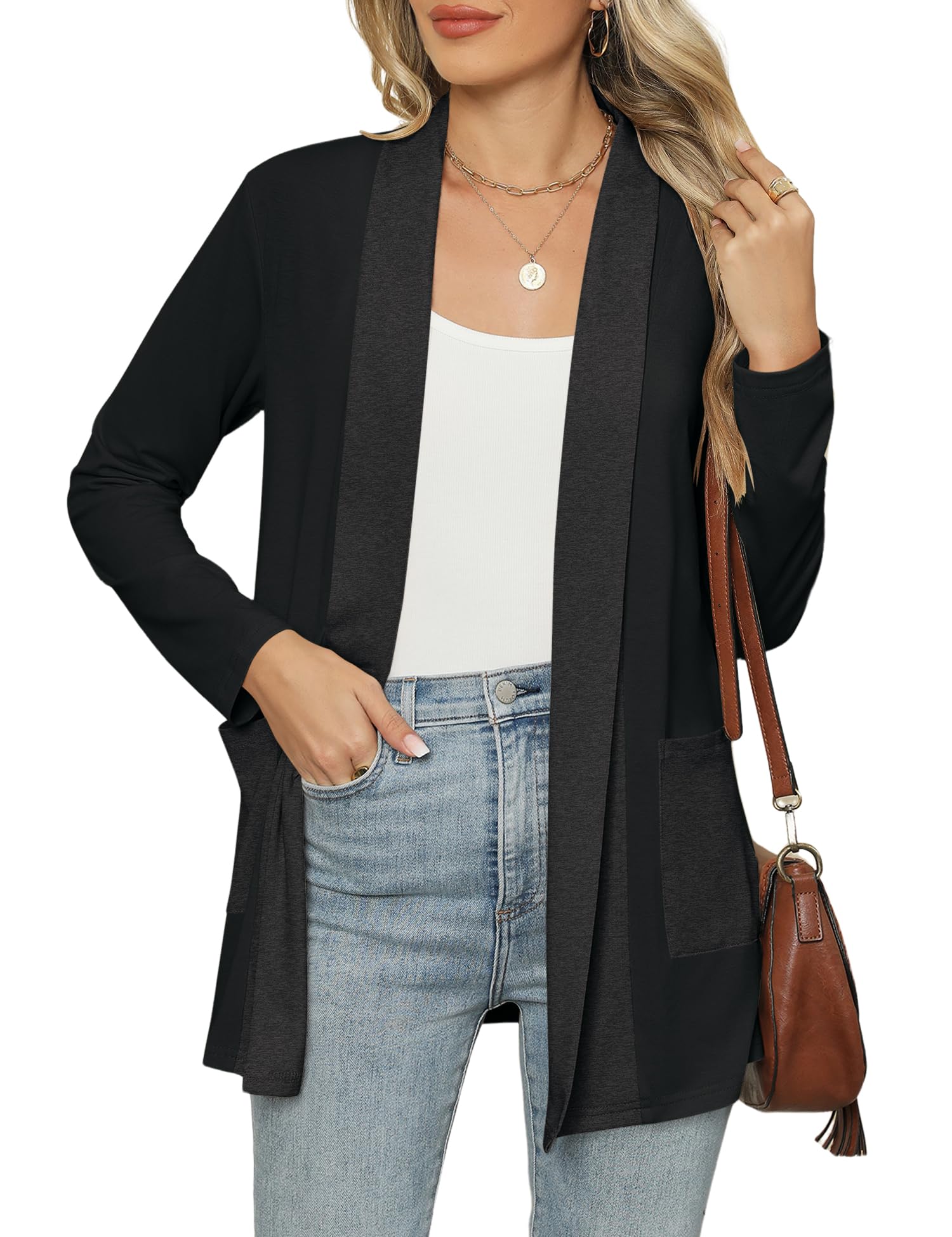 Micoson Cardigan Lungo Donna Aperto – Maniche Lunghe, Leggero Con Tasche, Casual, Nero