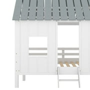 Euroco Wood Twin Size House Bed with Ladder for Kids Teens, Low Loft Bed, White