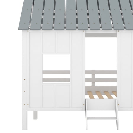 Euroco Wood Twin Size House Bed with Ladder for Kids Teens, Low Loft Bed, White
