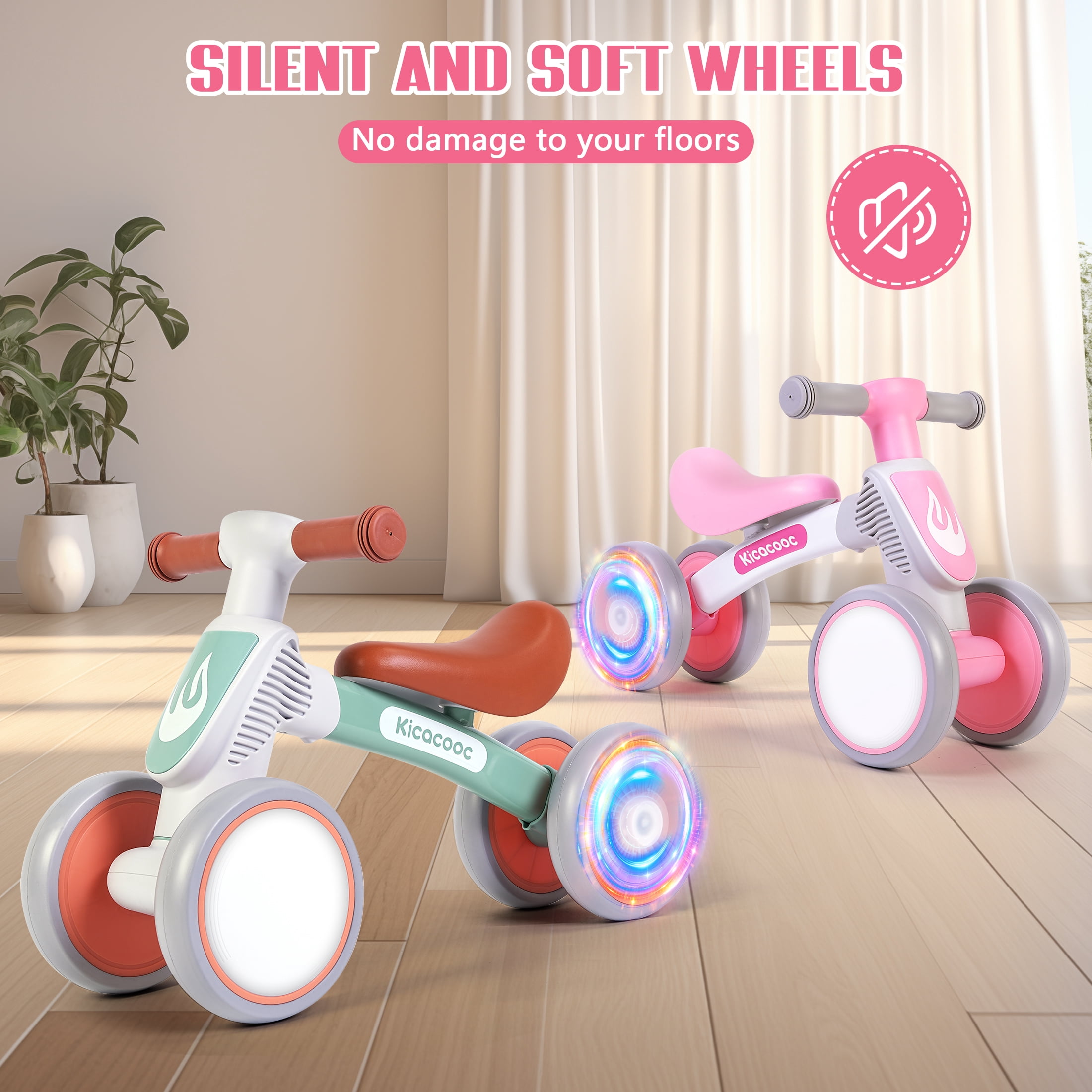 Kicacooc Toddler Balance Bike for 1 Year Old Boys Girls, Baby Balance Bike with No Pedal 4 Silence Wheels & Soft Seat First Bike, 12-24 Month Toddler Balance Bike, Pink