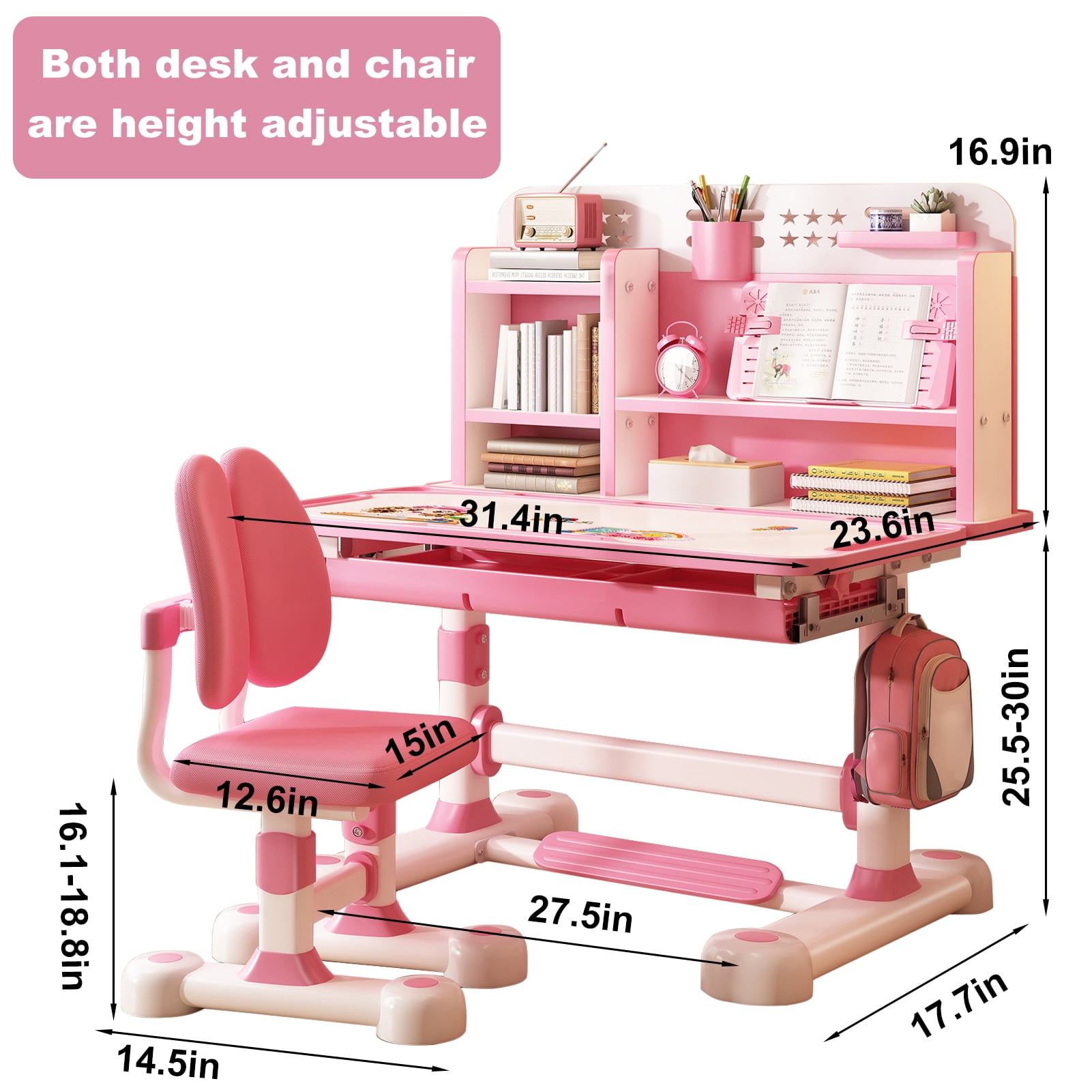 Thehsnt Kids Study Desk Chair Set, Height Adjustable Children School Study Table Chair Set with Sitting Corrector, Ergonomic Desk Chair with Book Stand, Foot Pedal