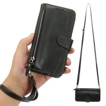 Wallet Case for Samsung S22 Plus, Zipper Pouch Card Holder Case with Crossbody Strap PU Leather Magnetic Handbag Protective Folding Cover for Women Girl for Samsung Galaxy S22 Plus - 6.6", Black