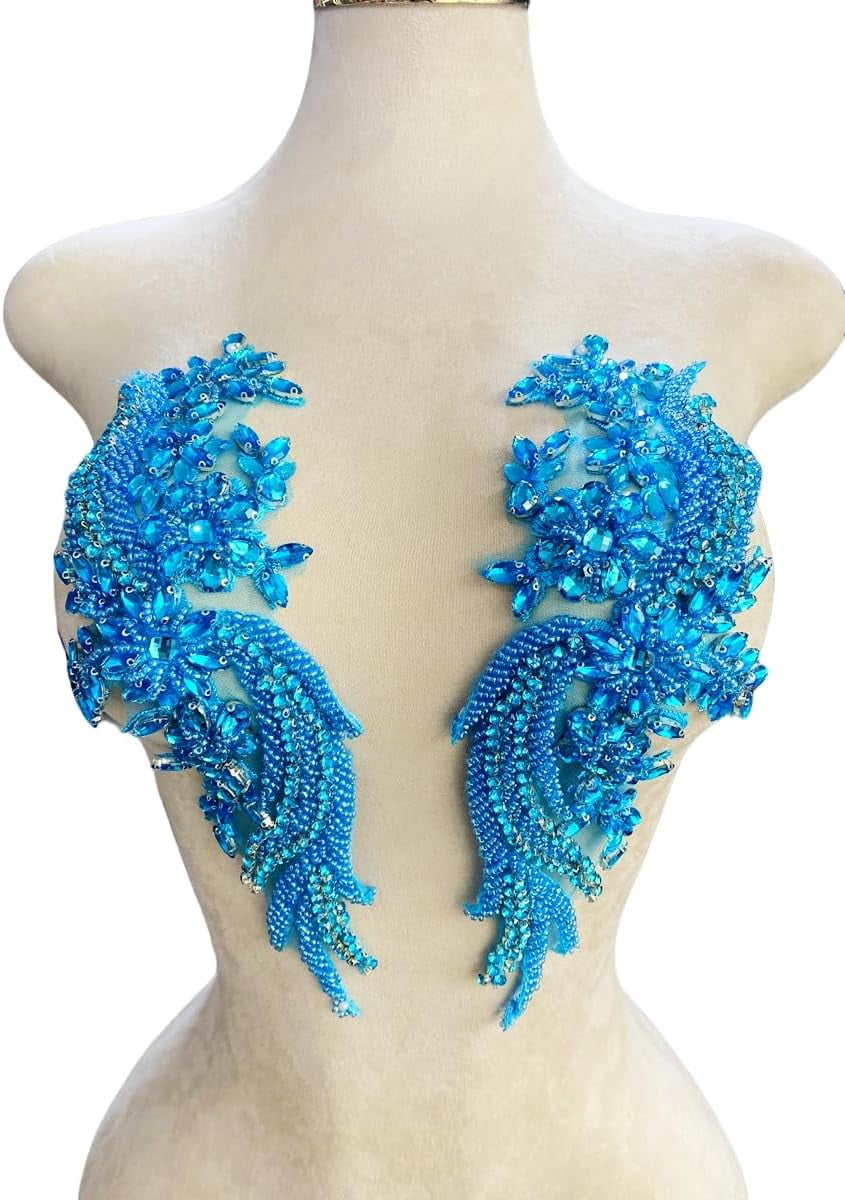1 par de parches de cristal hechos a mano con cuentas corpiño encaje DIY apliques parches accesorio para ropa de vestir 35X12cm (Sky blue)