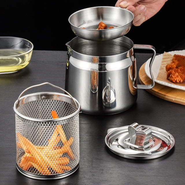 1.5/2L Stainless Steel Oil Filter Pot with Deep Fryer Basket Large Capacity Fine Mesh Strainer Bacon Grease Saver Oil Storage Container Kitchen Supplies