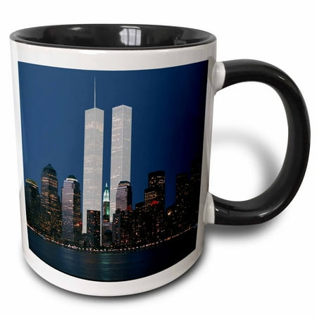 New York City Twin Tower - 3dRose New York City evening skyline featuring the Twin Towers, Two Tone Black Mug, 11oz