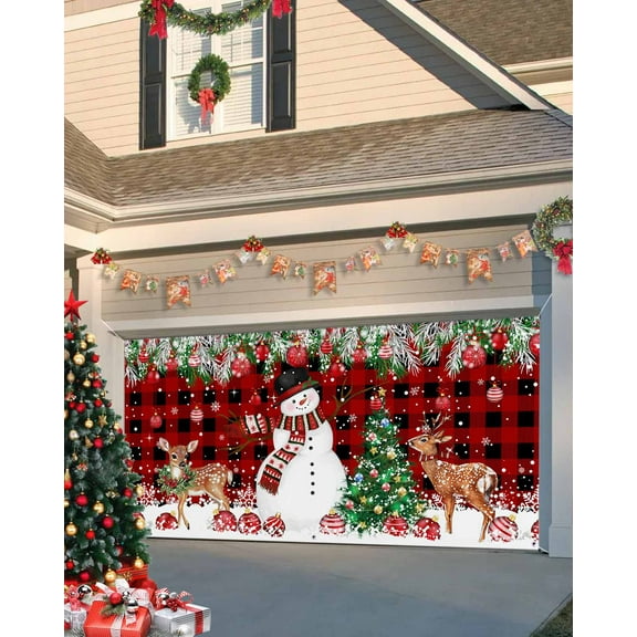 Garage Door Banner Cover 7 x 16 ft, Christmas Snowman Deer Christmas Balls Black Red Buffalo Plaid Christmas Garage Door Decorations Holiday Christmas Backdrop Decor for Winter New Year Xmas Party