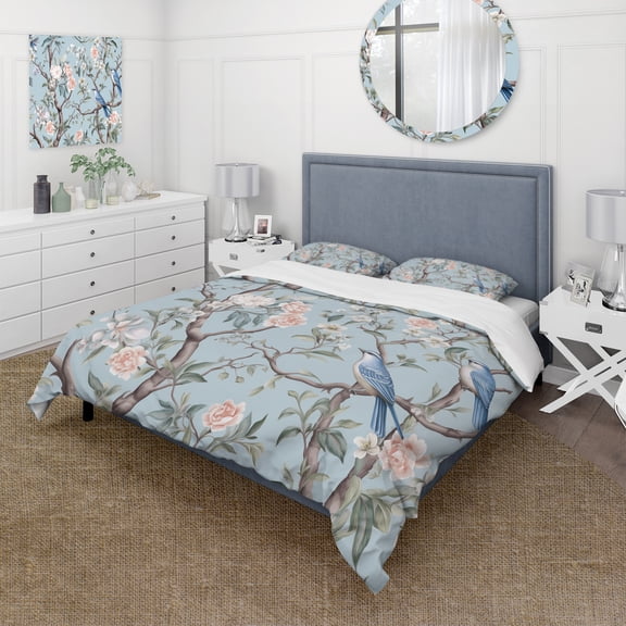 Designart "Chinoiserie Featuring Birds and Peonies XI" Floral Bedding Covert Set - Traditional Grey Bed Set With 2 Shams