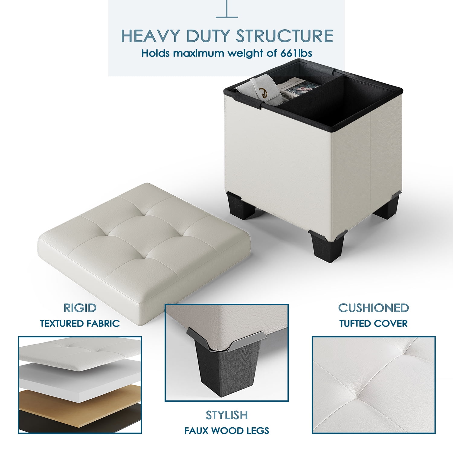StorageBud Ottoman with Storage Bench, 15-inch Foot Stool Storage Ottoman, Leather, White