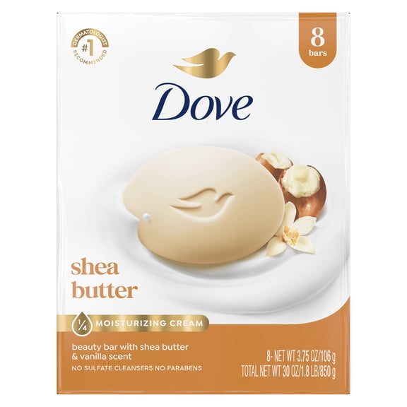 Dove Beauty Bar Soap For Nourished, Radiant Skin, Shea Butter, Enriches Skin, 3.75 oz 8 Bars