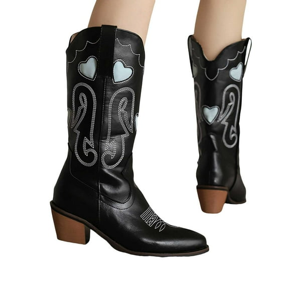 Womens Heart Patch Cowboy Boots 2025 Fashion Casual Leather Wide Mid Calf Cowgirl Boots Winter Fall Pointed Toe Stacked Heel Western Tall Boots Black